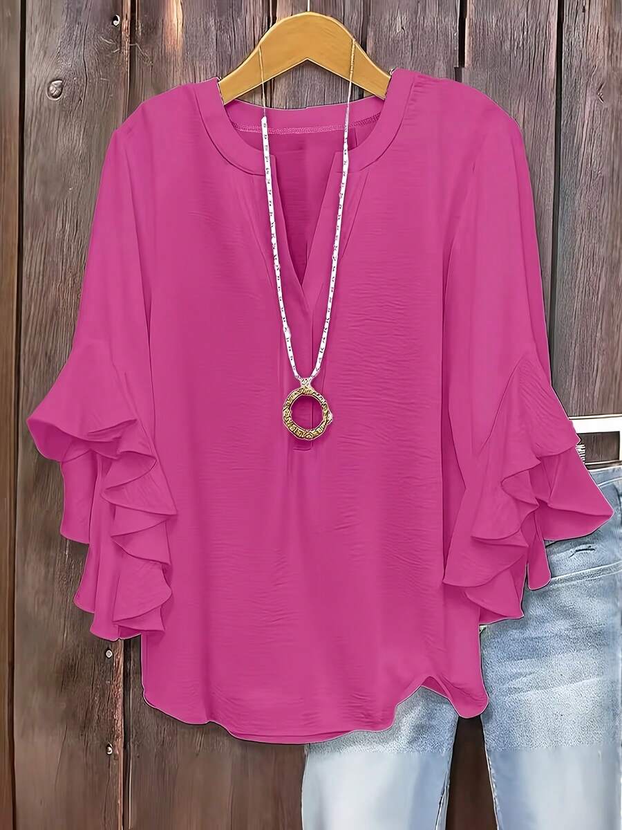Size - Size - Women's Blouse With Ruffles And Three-Quarter Sleeves, Solid Color, Casual Loose Fashion, V-Neck, For Business - 玫紅色 - 查看 1