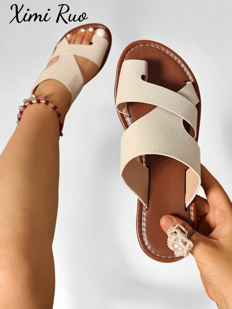 Ximi Ruo Pantuflas cómodas con incrustaciones de diamante de imitación de ajuste amplio, sandalias planas casuales coreanas para mujer, chanclas de punta abierta para primavera, verano, playa, uso casual - Beis - Ver 1