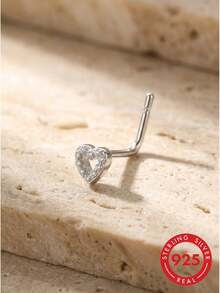 lunastudio 1pc 925 Sterling Silver L-Shaped Hollow Heart Nose Stud For Women Daily Wear - Silver - View 2