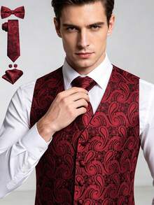 Conjunto de 5 piezas para hombre con chaleco, corbata, pajarita, pañuelo de bolsillo y gemelos en rojo con estampado paisley, traje formal para boda y fiesta de noche - Rojo - Ver 1