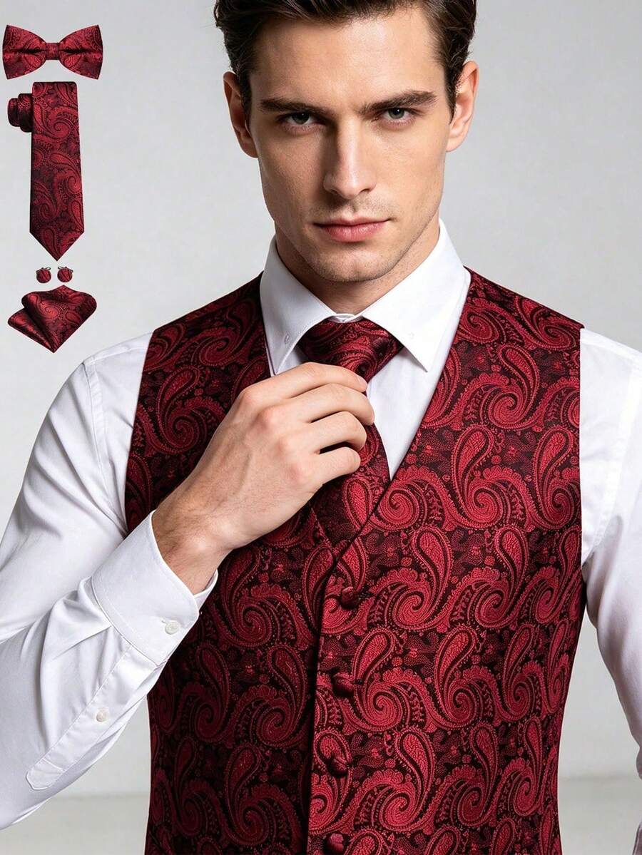 Conjunto de 5 piezas para hombre con chaleco, corbata, pajarita, pañuelo de bolsillo y gemelos en rojo con estampado paisley, traje formal para boda y fiesta de noche - Rojo - Ver 1