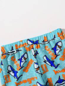 男童 2-7 歲鯊魚泳衣套裝，短袖高領撞色上衣與鯊魚印花泳褲，高彈性針織聚酯纖維，夏季海灘穿著小男孩衝浪服 - 亮橙色 - 查看 6