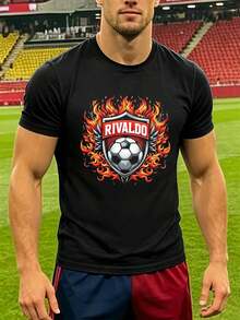 Camiseta de hombre con estampado de fútbol en llamas, tejido premium, cuello redondo, corte holgado, cómoda, dise?o gráfico. - Negro - Ver 2