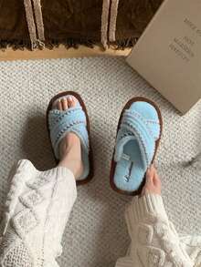 XIXITIAO Vintage Colorblock Cross-Strap Design Plush House Slippers, Comfortable Flat Soft Fleece Slip-On Shoes, Suitable For Home Office Bedroom - Blue - View 1