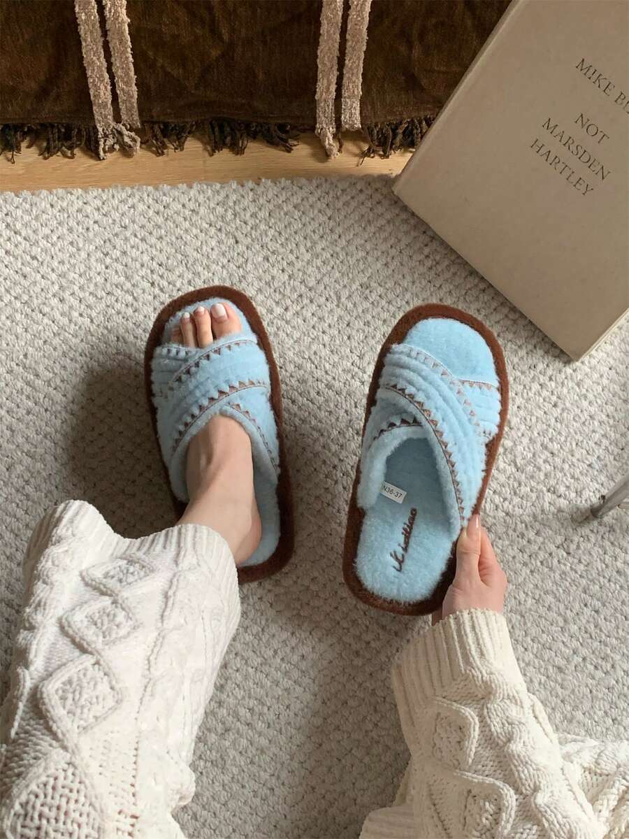 XIXITIAO Vintage Colorblock Cross-Strap Design Plush House Slippers, Comfortable Flat Soft Fleece Slip-On Shoes, Suitable For Home Office Bedroom - Blue - View 1