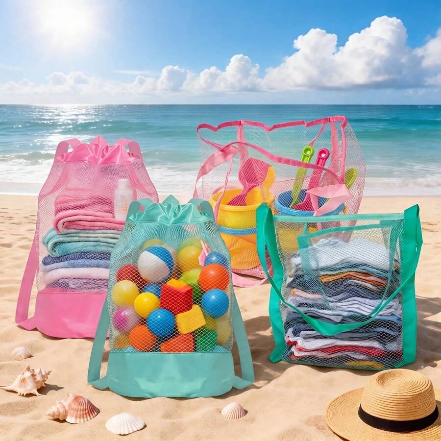 2 buah Tas Pantai Jaring Bernapas Besar, Tas Ransel Serut, Tas Jinjing Ringan Portabel, Tas Penyimpanan Lipat untuk Olahraga Pantai, Berenang, Perjalanan, Belanja, dan Pengorganisasian - MultiWarna - View 1