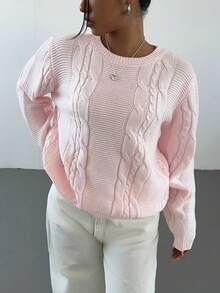 Plus Size Women's Casual Solid Color Cable Knit Pullover Sweater, Loose Lazy Long Sleeve Short Length Knit Top, Versatile For Daily Wear And Commuting - Pink - View 4