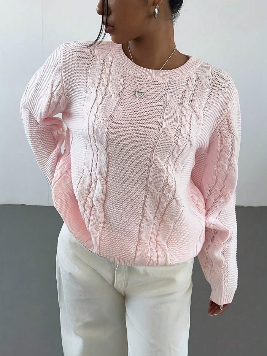 Plus Size Women's Casual Solid Color Cable Knit Pullover Sweater, Loose Lazy Long Sleeve Short Length Knit Top, Versatile For Daily Wear And Commuting - Pink - View 1
