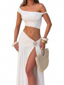 New Women's Single-Color, One-Shoulder, Asymmetrical, Short, Sensual Top For Women - 白色 - 查看 2
