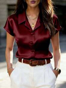 Blusa de mujer de satén morado de manga corta con cuello y decoración de botones, ajuste regular, blusa de verano - Verde militar - Ver 1