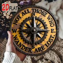 2D Graphic Design - 2D Graphic Design, Featuring A Vintage Compass And Gear Pattern, Engraved With The Phrase "Not All Who Wander Are Lost". This 7.87 X 7.87 Inch Aluminum Round Outdoor Plaque Blends Industrial And Artistic Styles. (Random Hole Placement) - A - View 4