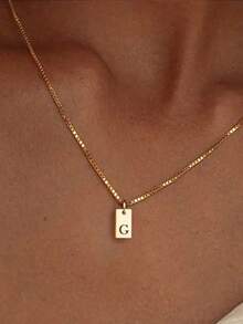 1pc Fashionable Stainless Steel Rectangular 26 Letter Pendant Necklace For Women, Suitable For Daily Wear, Birthday Gift - Yellow Gold - View 11