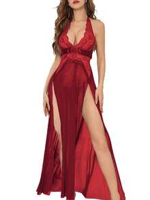 Lencería ValueVibe para Mujer, Conjunto de Lencería Larga con Abertura Alta, Camisón de Encaje con Cuello Halter, Rojo XL - Rojo - Ver 2
