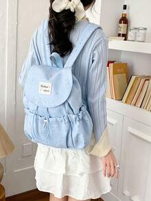 Cream White And Blue Star Print Flap Drawstring Backpack, Soft And Lightweight Polyester Fabric, Gentle Casual Style, Adjustable Shoulder Straps, Large Capacity Interior, All-Season Wear, Unisex Adult Style, Suitable For School, Travel, Commute And Daily Outings - Multiple Styles - View 7