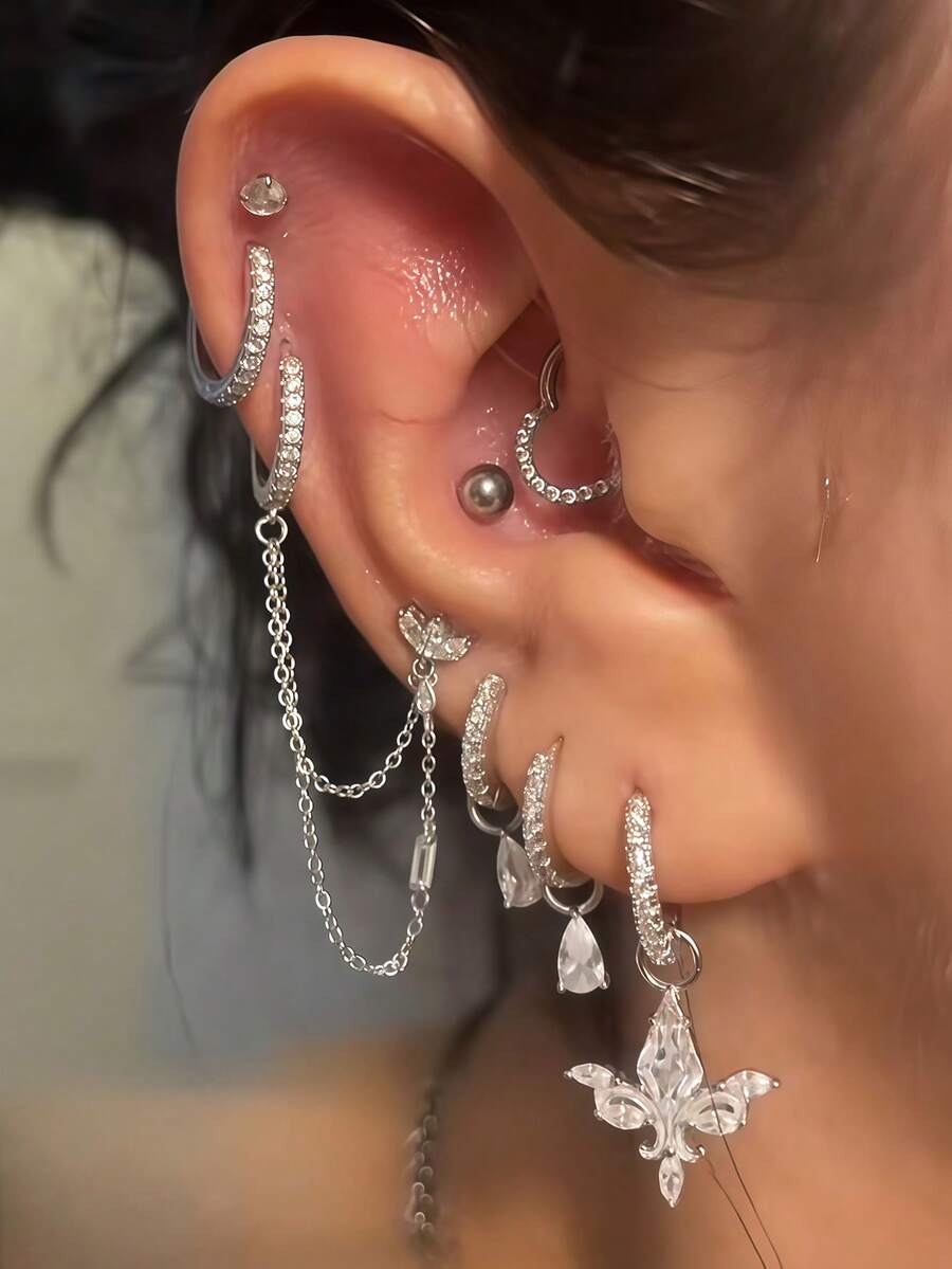 8Pcs Silver CZ Piercing Earrings Set, Dainty Chain & Teardrop Drop Cartilage Earrings For Daily Wear, Party, Concert & Festival - Silver - View 1