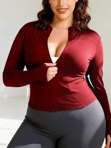 Plus Size Women Full Zip Sports Jacket, Solid Color Slim Fit High Elasticity With Thumb Hole, Suitable For Commuting, Yoga, All-Day Wear - Red - View 2