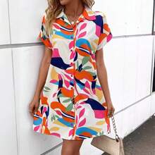 Women's Summer Shirt Dress, Modern And Colorful, With Floral Print, Short Sleeves And Button Front Closure. - Hot Pink - View 2