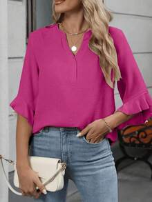 Size - Size - Women's Blouse With Ruffles And Three-Quarter Sleeves, Solid Color, Casual Loose Fashion, V-Neck, For Business - 玫紅色 - 查看 2