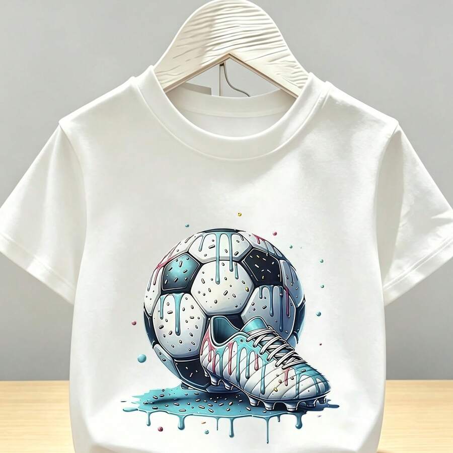 Only 1pc T-Shirt Painted Football Shoe Print Kids' Short Sleeve 95% Cotton T-Shirt, Boys' Top, Soft, Breathable, Skin-Friendly, Comfortable, For Dai - White - View 1