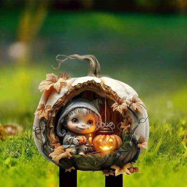 Trang trí sân vườn Halloween hình yêu tinh và đèn lồng bí ngô - Nghệ thuật ngoài trời bằng nhựa chịu thời tiết, họa tiết lá mùa thu, dễ lắp đặt trang trí chậu cây sân vườn, trưng bày theo mùa, đồ trang trí lễ hội bền bỉ