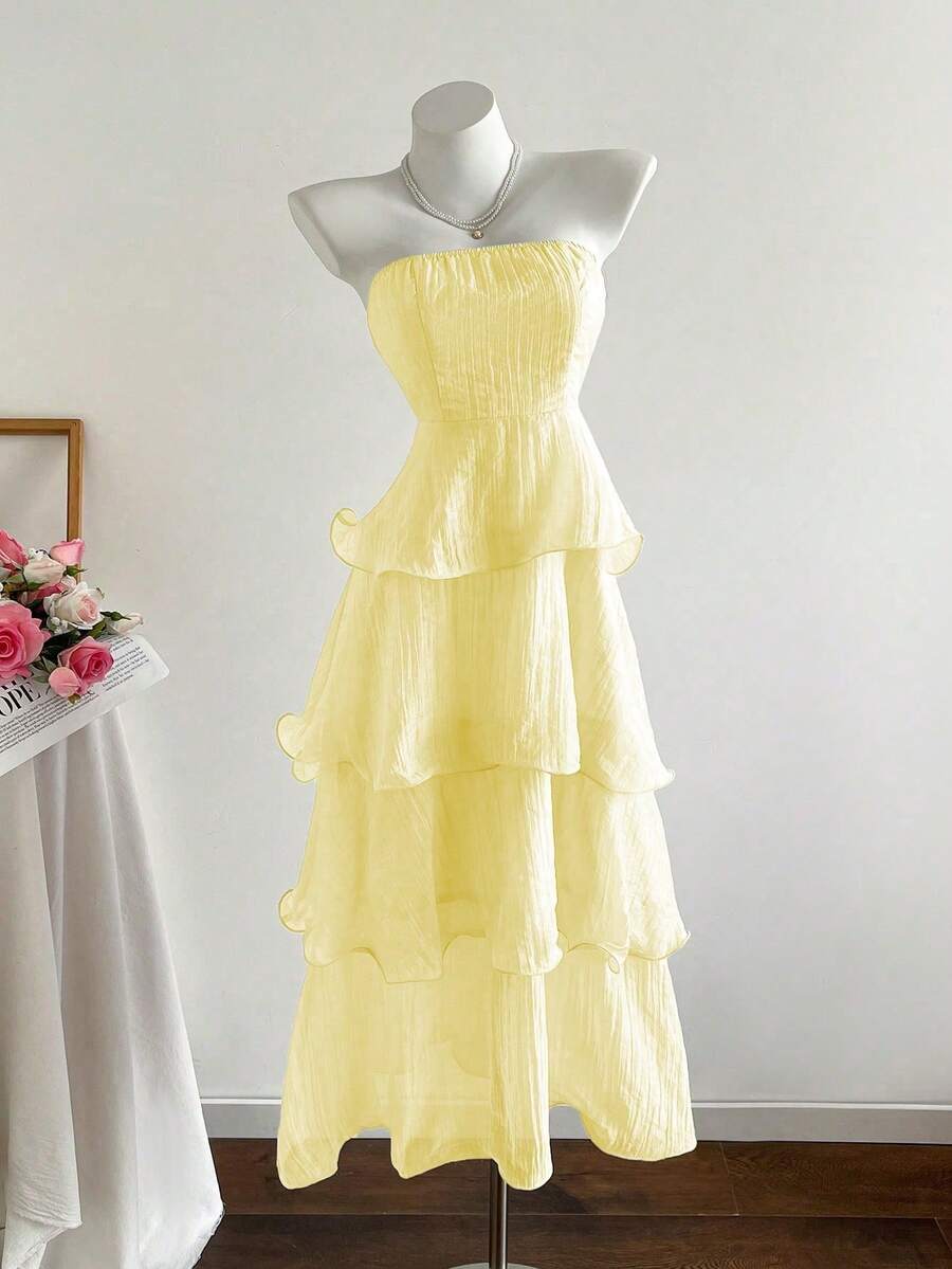 Vestido de un solo color, sexy, sin tirantes, sin espalda, multicapa - Amarillo - Ver 1