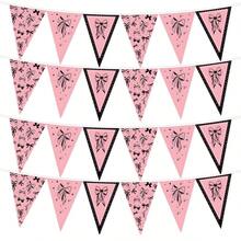 12 Peças Bandeira de Laço Coquette Rosa e Preto, 12 Peças Guirlanda de Bandeiras Triangulares com Estampa de Laço e Estrela, Bandeiras de Pennant Vintage Pré-Montadas para Aniversário de Meninas, Chá de Bebê, Chá de Panela, Bandeira de Laço Vintage, Decoração de Parede - Laço preto e rosa - Visão 5