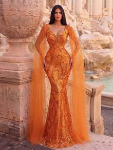 Faeriesty Elegant Sweetheart Neckline Gown Heavy Beading,Mermaid Silhouette And High Leg Slit For Studio Photo Shoots,Formal Dinners,Celebrations Wedding - Orange - View 2