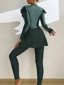 WaveBikini Burkini Modest Swimsuit UPF Sun Protection Ruffle Long Sleeve Solid Green Swim Set With Hijab For Women Beach Swimming - Dark Green - View 4