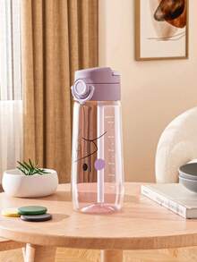 1件 470ML/560ML 可愛卡通吸管杯，兒童用簡單學生水壺，可鎖定防漏耐摔附手把，適合日常使用 - 簡約淡紫色 - 查看 3