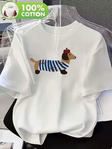 Soft 100% Cotton Women's T-Shirt With Dachshund Print – New Casual Summer T-Shirt For Women, 100% Crew Neck Top With An Adorable Dachshund Design. - 白色 - 查看 1