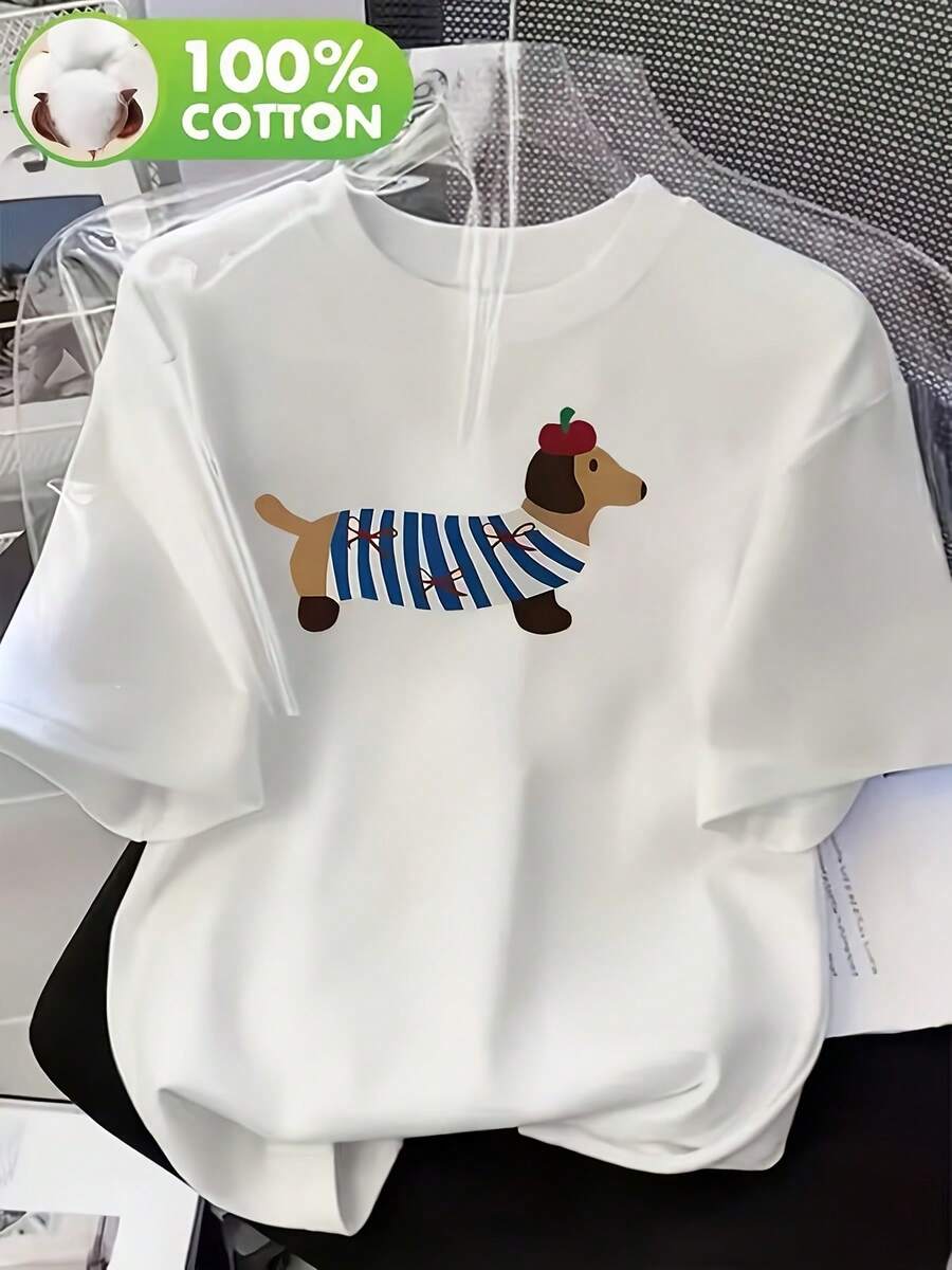 Soft 100% Cotton Women's T-Shirt With Dachshund Print – New Casual Summer T-Shirt For Women, 100% Crew Neck Top With An Adorable Dachshund Design. - 白色 - 查看 1