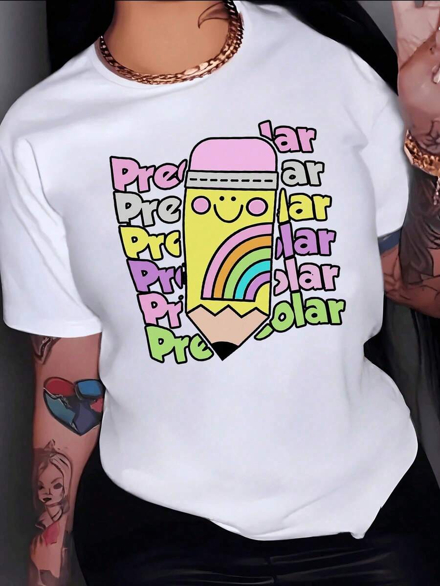 Women's Clothing. A Smiling Pencil With A Rainbow Symbolizes Creativity And Childlike Joy, Inspiring Optimism And Positive Energy. Women's T-Shirt, 100% Cotton, Comfortable Women's Shirts - 白色的 - 查看 1