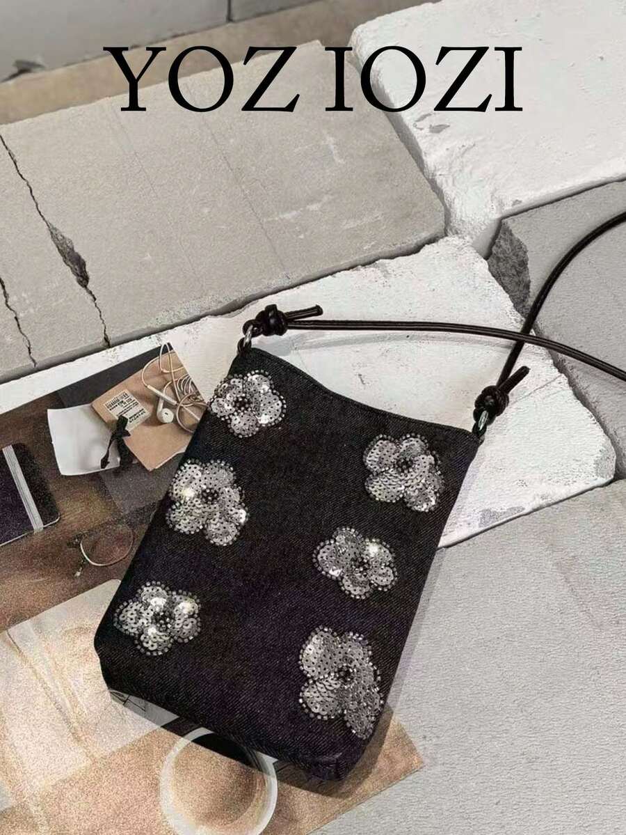 小眾設計串珠刺繡水桶包,夏季丹寧質感女款單肩斜挎包,新中式時尚百搭通勤逛街購物包 - 深灰色 - 查看 1