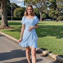 Vestido Corto Casual Ajustado De Mujer De Color Puro - azul claro - Ver 4