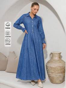100% Cotton Women's Collared Denim Maxi Dress, Long Sleeve Button Front A-Line Style - Blue - View 1