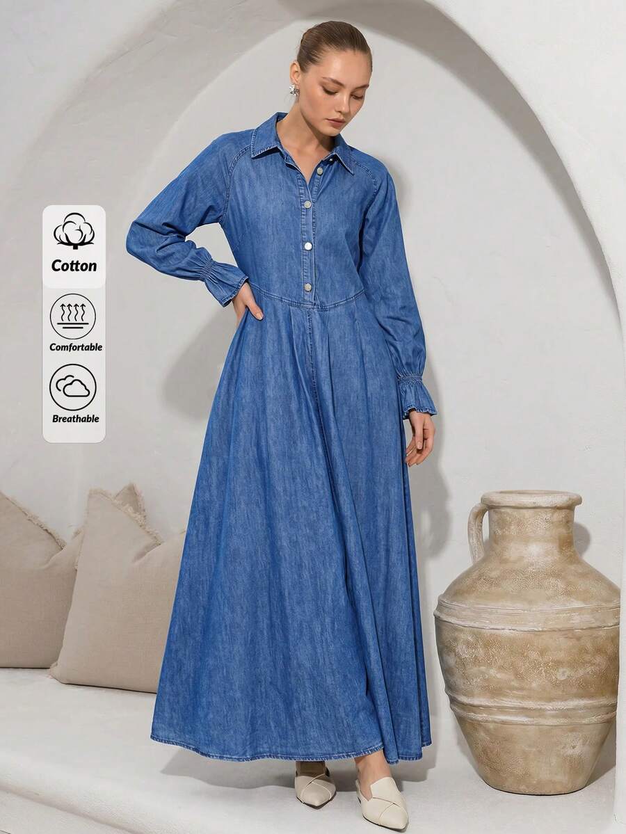 100% Cotton Women's Collared Denim Maxi Dress, Long Sleeve Button Front A-Line Style - Blue - View 1