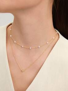 Ashenrae 2pcs Heart Shaped Faux Pearl Decor Layered Adjustable Necklace Set For Women - Yellow Gold - View 7