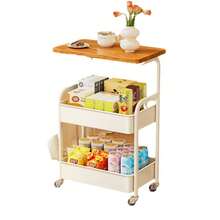 Rollwagen mit 3 Ebenen, Metallwagen mit Hölzerner Tischplatte, Aufbewahrung, Kunstwagen, Trolley, Organizer, Servierwagen, Multifunktional Servierwagen Roll Einfache Montage, 42 x 29.5 x 77cm - Weiss - Übersicht 7