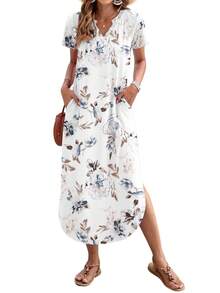 Vestido maxi para mujer OutfitShow con bolsillos, casual, de manga corta y cuello en V, para verano. - Blanco - Ver 4
