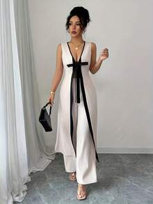 Conjunto de canguro sin mangas con cuello en V y pantalones de pierna ancha, estilo urbano casual y elegante K601, para primavera y verano - Blanco - Ver 1