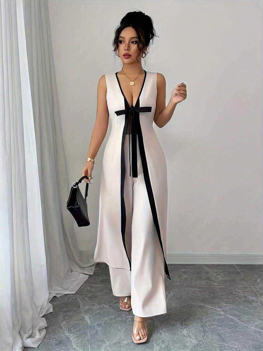 Conjunto de canguro sin mangas con cuello en V y pantalones de pierna ancha, estilo urbano casual y elegante K601, para primavera y verano - Blanco - Ver 1