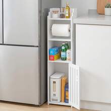 Senmeo 1Pc Slim Modern Freestanding Bathroom Storage Cabinet, Waterproof Narrow Side Organizer With Door, Built-In Toilet Paper Holder & Shelves, For Small Apartment Bathrooms, Father's Day Gift - White - View 9