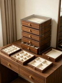 5 Drawer/Extra Large 5-Layer Wood Grain Jewelry Storage Box, Transparent Acrylic Top Cover Jewelry Organizer, Suitable For Earrings, Rings, Necklaces - Coffee Brown - View 2