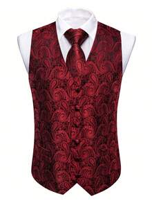 Conjunto de 5 piezas para hombre con chaleco, corbata, pajarita, pañuelo de bolsillo y gemelos en rojo con estampado paisley, traje formal para boda y fiesta de noche - Rojo - Ver 4