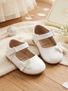 1 Pair Girls Bow PU Magic Tape Design Fashion Sweet Style 0-15 Months Mary Jane Princess Shoes Flat Non-Slip Comfortable Walking Shoes Suitable For Spring And Autumn - White - View 1