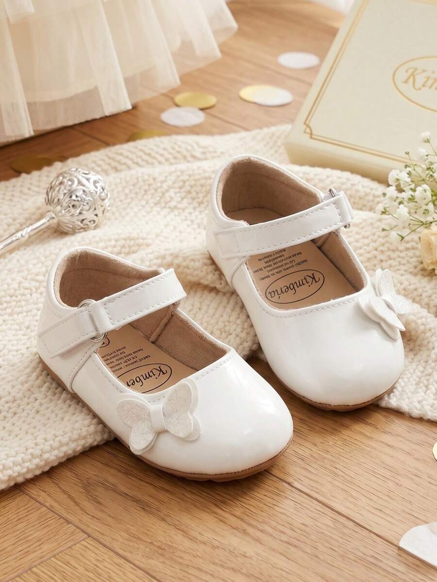 1 Pair Girls Bow PU Magic Tape Design Fashion Sweet Style 0-15 Months Mary Jane Princess Shoes Flat Non-Slip Comfortable Walking Shoes Suitable For Spring And Autumn - White - View 1