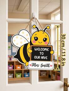 1件個性化自定義文字蜜蜂主題教師門掛飾牌，卡通「Welcome To Our Hive」木製裝飾牌，易掛麻繩設計，返校季，給早期教育者的節日禮物，學校教室托兒所牆面門飾 - 彩色 - 查看 3