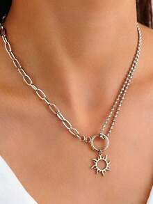 1pc European And American Style Autumn/Winter Versatile Chain Hollow Sun Totem Pendant Necklace, Stainless Steel Vacuum Plated, Suitable For Daily Use And Gift Giving - Steel - View 1