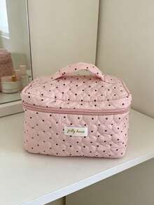 Cute Dot Heart Quilted Cosmetic Bag Large Capacity Storage Bag Skin Care Bag With Inner Mesh Pocket Multi Functional Storage Bag Pen Bag Purse Bag - Baby Pink - View 5