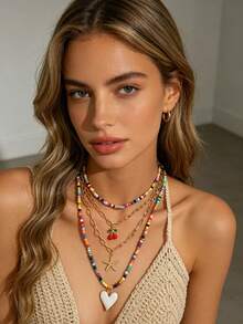 JOJELOO 1pc Bohemian Multi-Color Beaded Layered Necklace Set, Cherry Starfish Heart Pendant Stackable Elegant Women's Jewelry - Style 1 - View 4